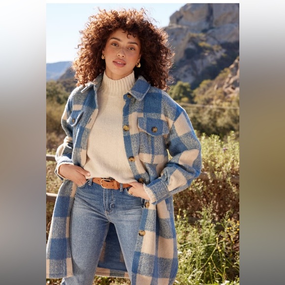 Lulus Snow Day Darling Blue And Cream Plaid Coat - Size XL - Picture 3 of 16